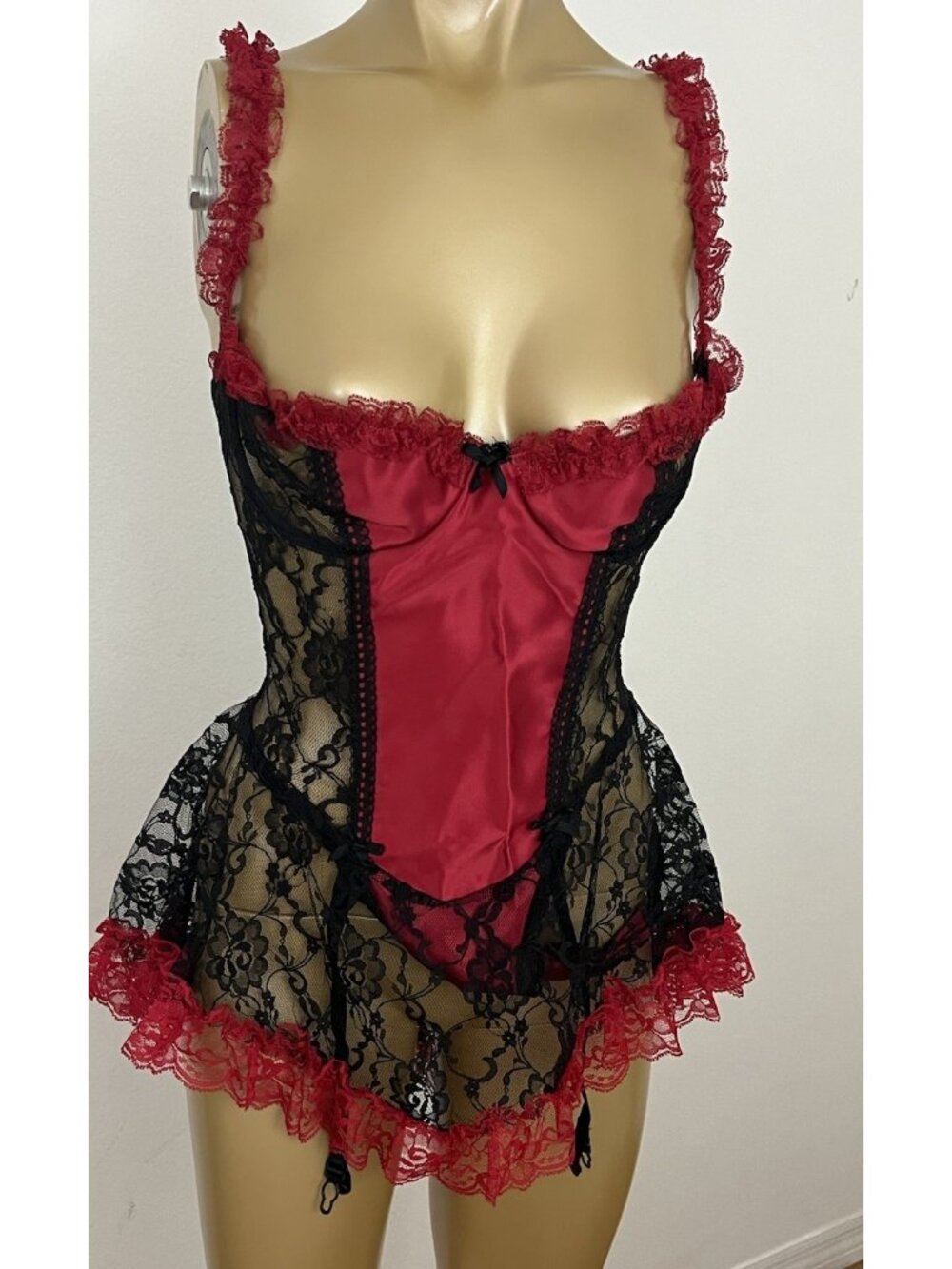 Sharron Leslie Women's L Nylon & Lace One Piece Teddy Lingerie Garters Red Black
